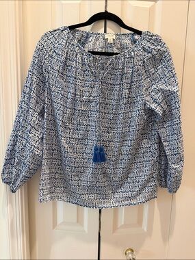 J. Crew Blue and White Printed Peasant Blouse